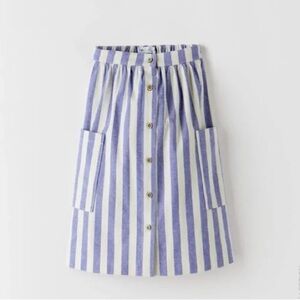 Zara Girls (7) Blue + White Stripe Midi Skirt- Button Detail, Pockets